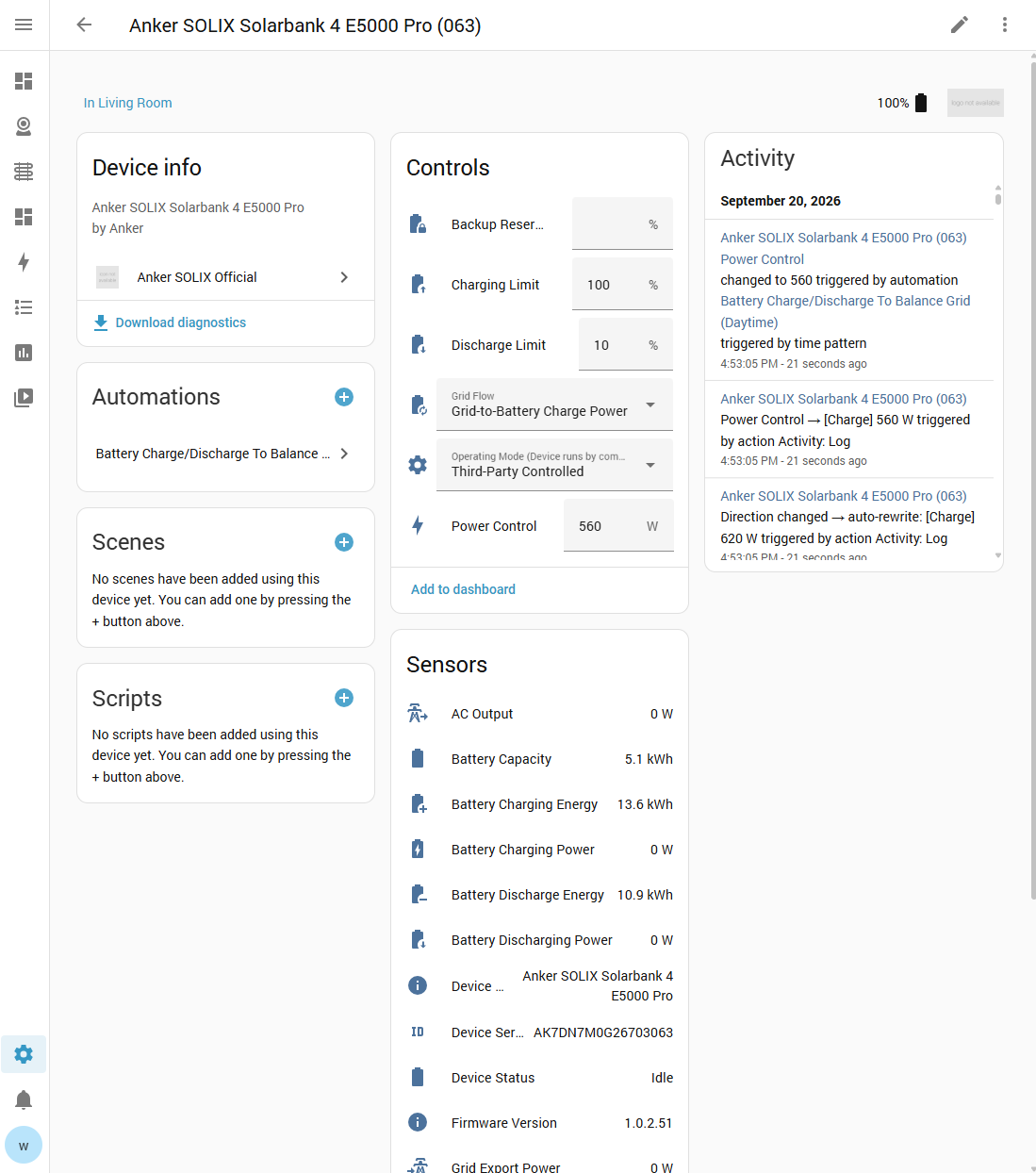 Home Assistant device view example for Solarbank monitoring